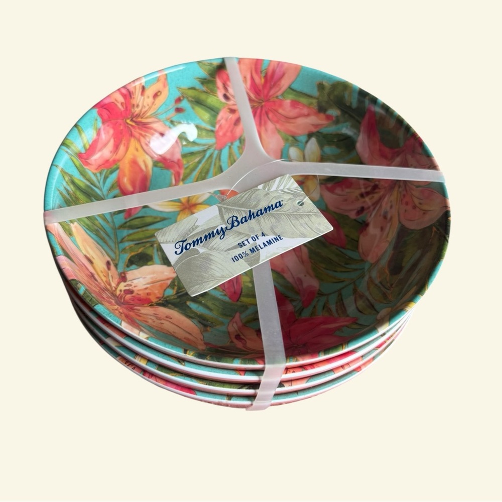 Tommy Bahama Melamine Bowls Set 4 Day Lily Hibiscus 8x2.5" salad serving NEW!